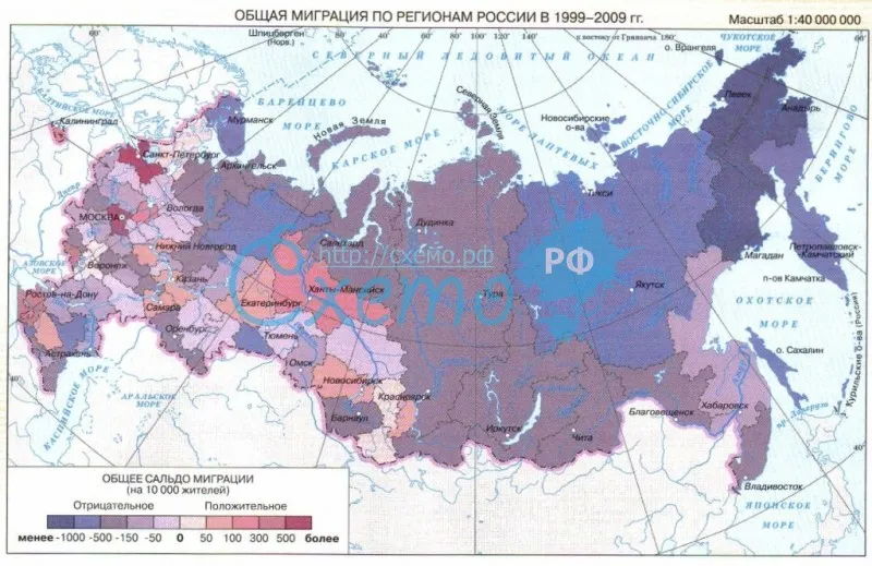 Общая миграция по регионам России в 1999-2009 гг.