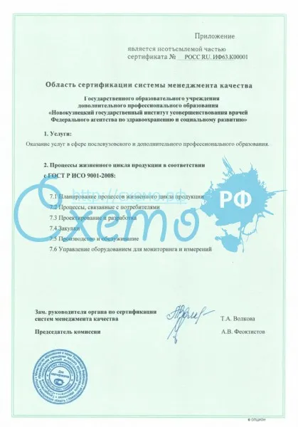 Образец заполнения приложения к сертификату соответствия (на русском языке)