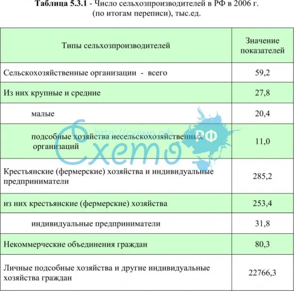 Число сельхозпроизводителей в РФ в 2006 г. (по итогам переписи), тыс.ед.