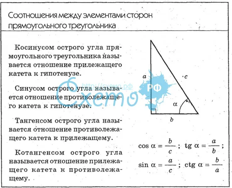 Соотношение между элементами сторон прямоугольного треугольника