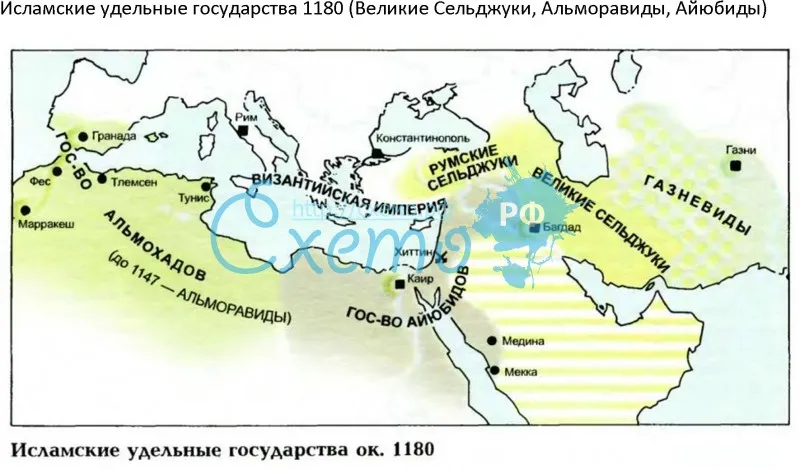 Исламские удельные государства 1180 (Великие Сельджуки, Альморавиды, Айюбиды)